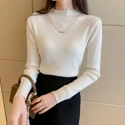 Women Blue Knitted Half-High Collar Sweater Shirt