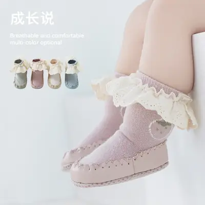 2025 Autumn Leather Floor Shoes Baby Socks Mid-Tube Non-Slip Korean Style Lace Princess Socks Toddler Socks Shoes