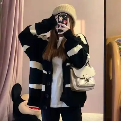 Women's 2022 Sweater Jacket Blue White Knitted Striped Loose Fit