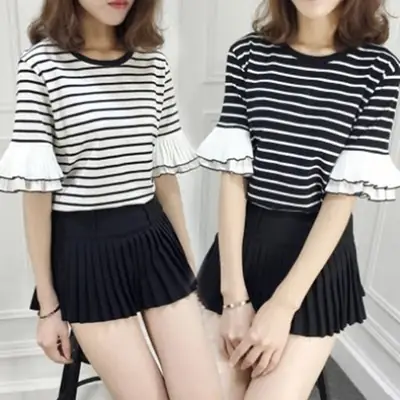 Women Ruffled Striped T-Shirt Summer Casual Loose Fit