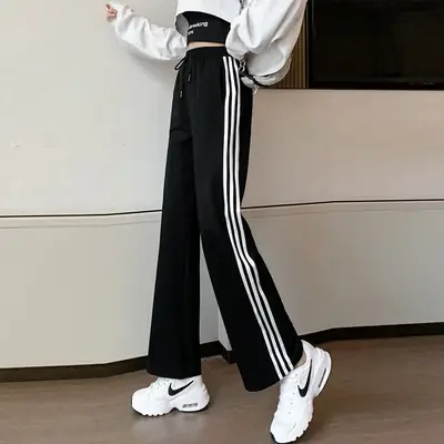 Women Black Wide Leg Striped Pants 2024