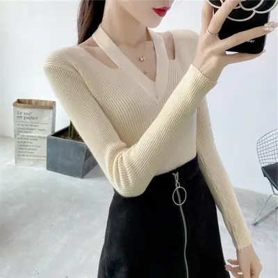 Pink Knitted V-Neck Sweater Women's Top