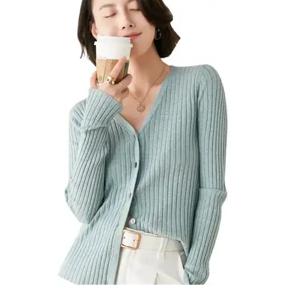 Women's V-Neck Knitted Cardigan Beige Wool Sweater