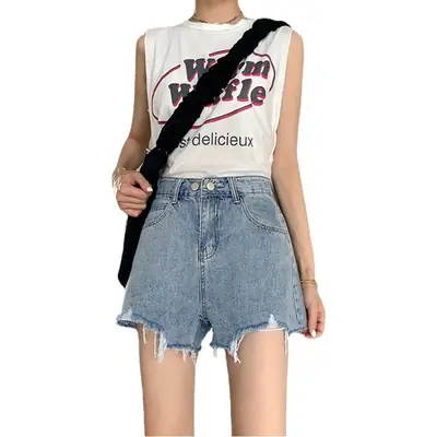 Women Denim Shorts White High Waist Ripped Wide Leg