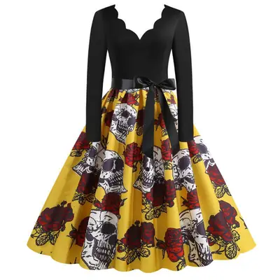 Real Shot Spot 20.21 million Holy Festival New Skull Printed V-Neck Burned Flower Long Sleeve Large Swing Dress