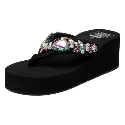 New Style Rhinestone Thick-Soled Beach Slippers for Women Summer Platform Soft-Soled High-Heeled Flip-Flops Fashionable Vacation Heightening Sandals