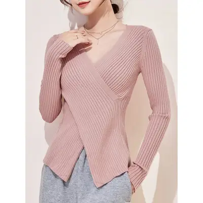 Women Knitted V-neck Sweater Long Sleeve Beige