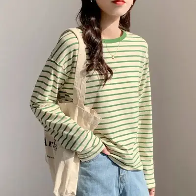 Women Striped Long Sleeve T-Shirt Green Cotton 2026