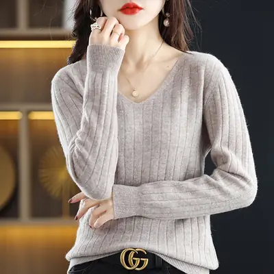 Women V-Neck Red Knit Pullover Sweater