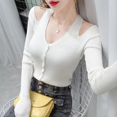 Women's White Long Sleeve V-Neck Top with Shoulder Cutouts