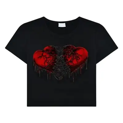 Black Printed T-Shirt with Heart Design for Women