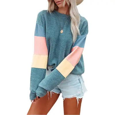 Women 2025 Cotton Pullover Sweatshirt Contrast Color Spring Autumn