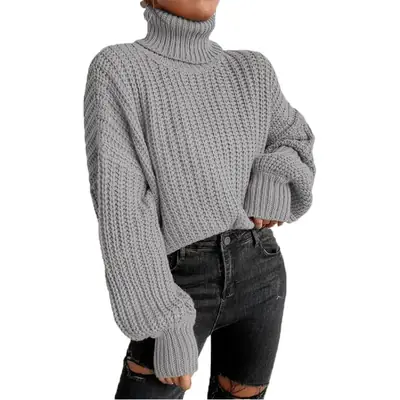Women Knitted Turtleneck Sweater Beige Long Sleeve