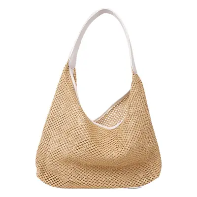 Women's Handheld Straw Bag with Leather Strap