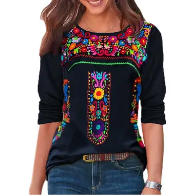 2023 V-Neck Printed T-Shirt Women Blue Long Sleeve