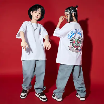 Hip-hop Kids T-Shirt Gray Pants Set White
