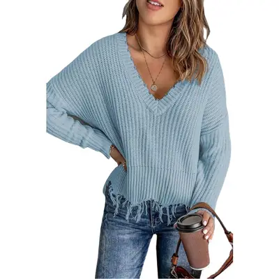 Women Cotton Tassel Ripped Sweater Blue Green Pink