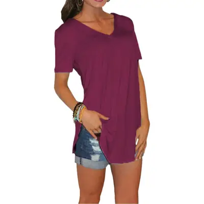 Women's Hot V-Neck Loose T-Shirt Maroon Amazon Large