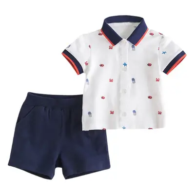Boys White Star Print Short Sleeve Polo Suit Navy Shorts