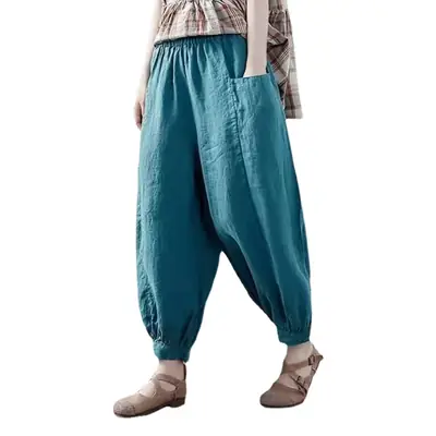 Women Cotton Linen Loose Pants White Summer Middle Age