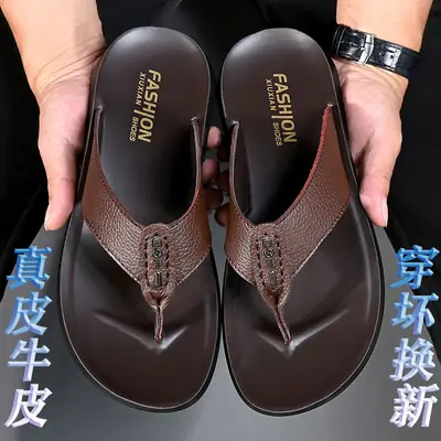 Factory direct summer sandals men's flip-flops casual beach shoes leather breathable home non-slip slippers