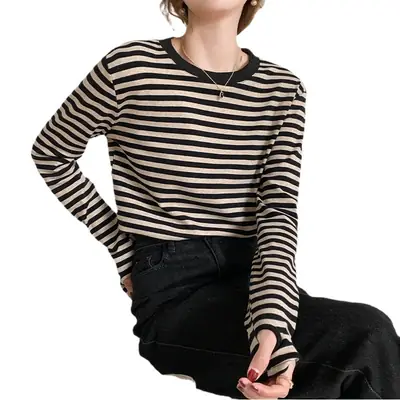 Women Striped Cotton T-Shirt Long Sleeve Black White