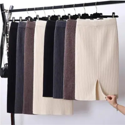 Women's 501 Thickened Knitted Split Skirt Mid-Length White