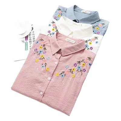 Women Embroidered Cotton Shirt 2022 Autumn Loose Striped
