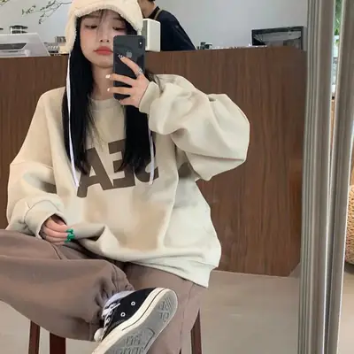 Women Thickened Letter Oversize Sweatshirt Winter Beige