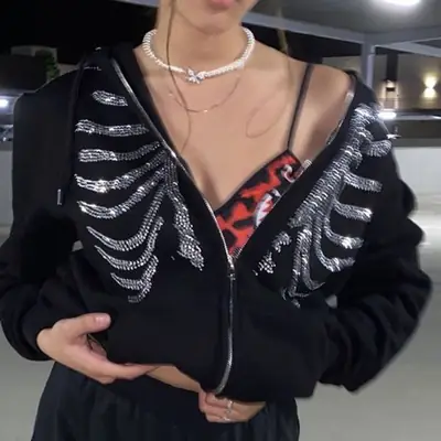 Black Zipper Hoodie Women Spider Bone Sticker Diamond 2022