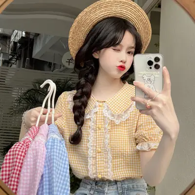 Women Pink Lace Plaid Summer Top with White Shorts