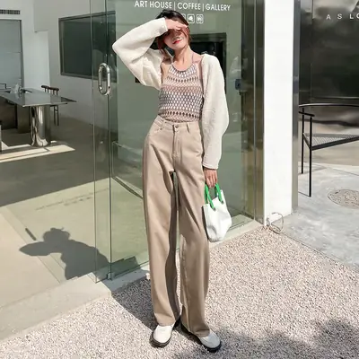 Women Khaki Wide Leg Jeans 2022 Summer