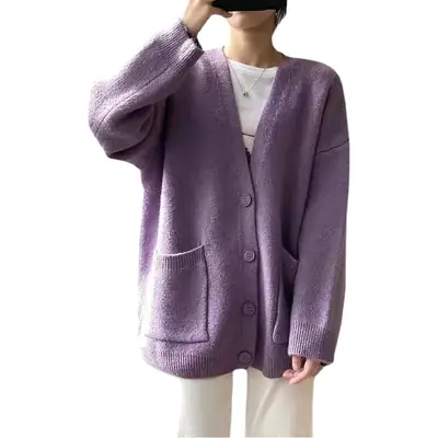 2026 V-Neck Lazy Knitted Cardigan Women's Jacket Solid Color