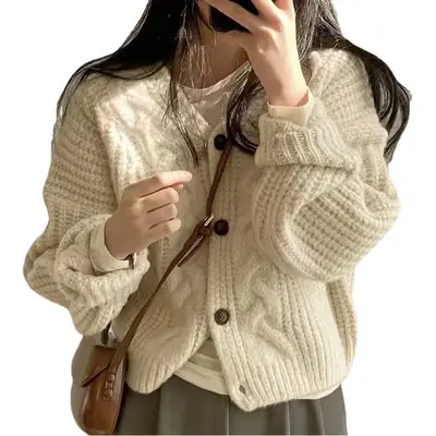 Women Korean Chic Cardigan Coat Cream Loose Fit