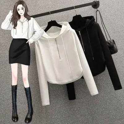 Black Hooded Hoodie Women's Slimming Cotton Spring Summer Wear
