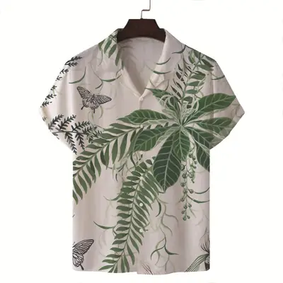Men Blue White Tropical Print Short Sleeve Shirt