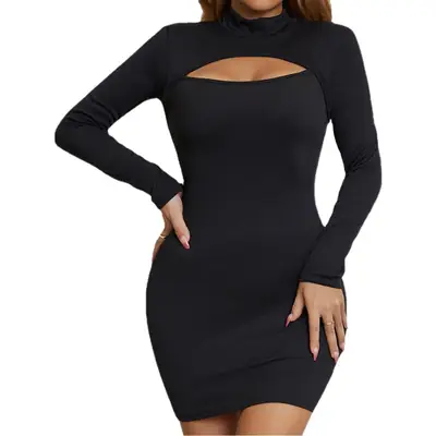 Black Long Sleeve Cut Out Dress for Women