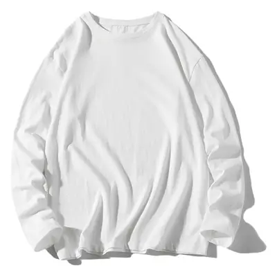 Men White Cotton Long Sleeve T-Shirt Round Neck Loose Fit