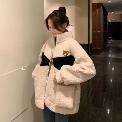 Women Bear Embroidered Velvet Cashmere Jacket Winter