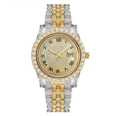 Luxury Rhinestone Men's Watch Red Dial Gold Bracelet