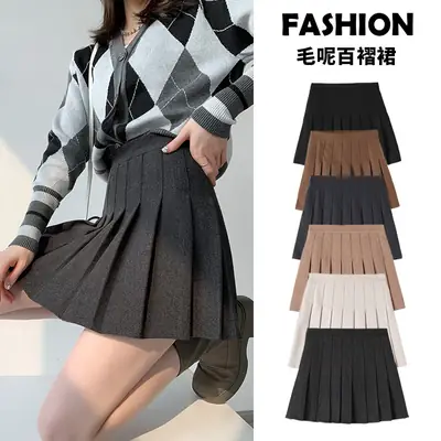 Woolen Pleated Skirt Women 2025 New High Waist Slim Preppy Style