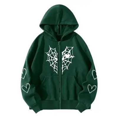 Grey Fleece Hoodie with Spider Web & Heart Print