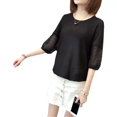 2023 Women Loose Knitted Blouse Short Sleeve V-Neck
