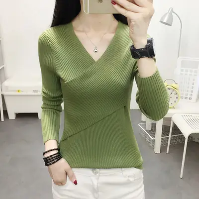 Women V-Neck Knitted Sweater White 2022
