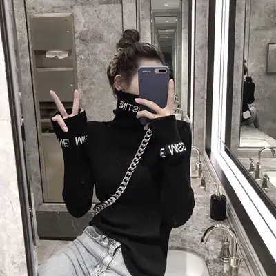 Women Knitted Letter Turtleneck Sweater Black