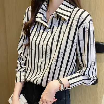 Women's Black White Striped Long Sleeve Chiffon Shirt
