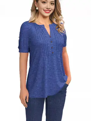 Green V-Neck Button T-Shirt for Women
