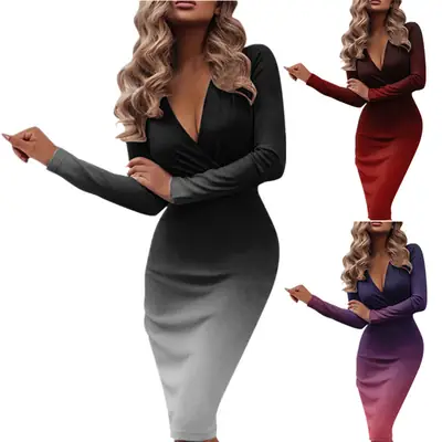 2025 Women's Black Grey Gradient Slim Fit Long Sleeve Dress
