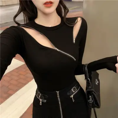 Black Slim Fit Long Sleeve Zipper T-Shirt for Women