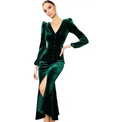 2025 Knitted Long-Sleeve V Neck Dress with Shoulder Pad
